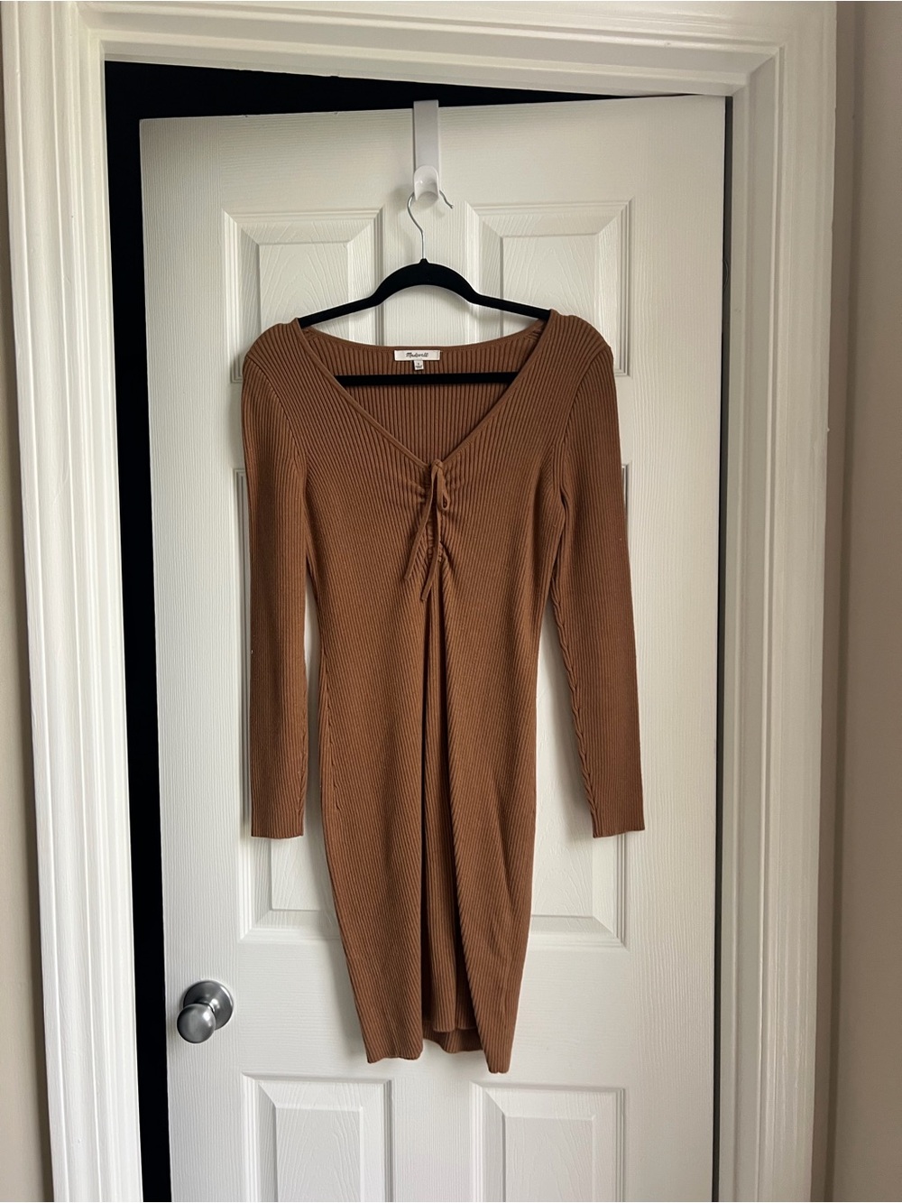Madewell Brown Ribbed V-Neck Midi Dress with Front Tie